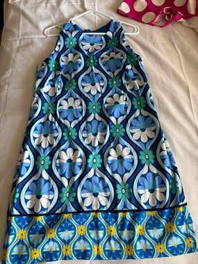 London Times Blue Green White Floral Mod Shift Mini Dress